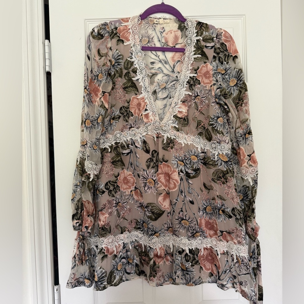 For Love and Lemons floral lace Trim long sleeve Dress